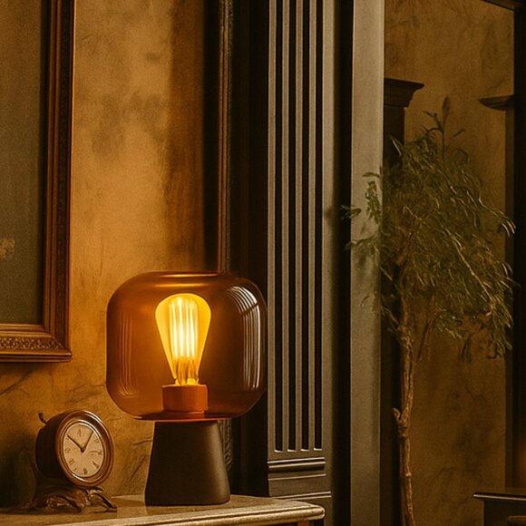 NWT Dusk Dawn Smoked Glass Drum Table Lamp Nordic Style - Picture 2 of 7